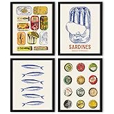 NaZaUK Sardine Decor Fish Coastal Beach Vintage Art Prints, Vintage Kitchen Wall Art Prints, Retro Fun Sardine Fish Poster For Kitchen Dining Wall Decor, 8x10 Unframed Set of 4