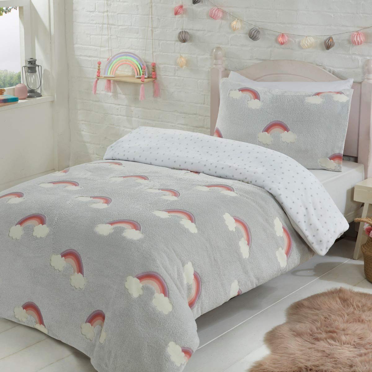 Sleepdown Rainbow Clouds Glow In The Dark Light Grey Kids Boys Girls Childrens White Stars Reverse Soft Feel Fleece Duvet Cover Quilt Bedding Set with Pillowcases