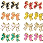 RLHRNDE 8 Pairs Gold Bow Earrings Set for Women Small Classic Bow Stud Earrings Colorful Romantic Ribbon Earrings Dainty Trendy Wedding Party Christmas Jewelry Gifts
