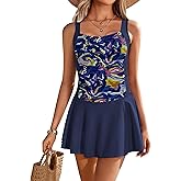 Ekouaer Swim Dress One Piece Bathing Suit Skirted Swimsuits for Women Ruched Retro Swimwear S-XXL