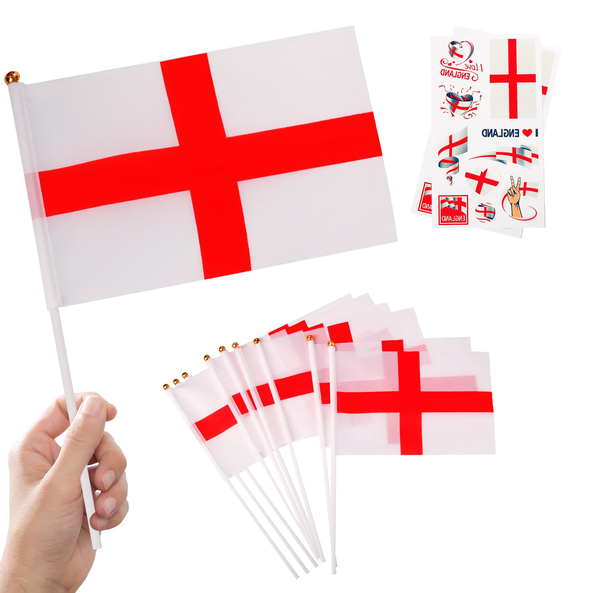 10pcs Small England Flags on Sticks & 2pcs Temporary Tattoos, Mini St. George's Cross Flags on Sticks for Euro Football 2024 Sports Events Celebration Party Decorations