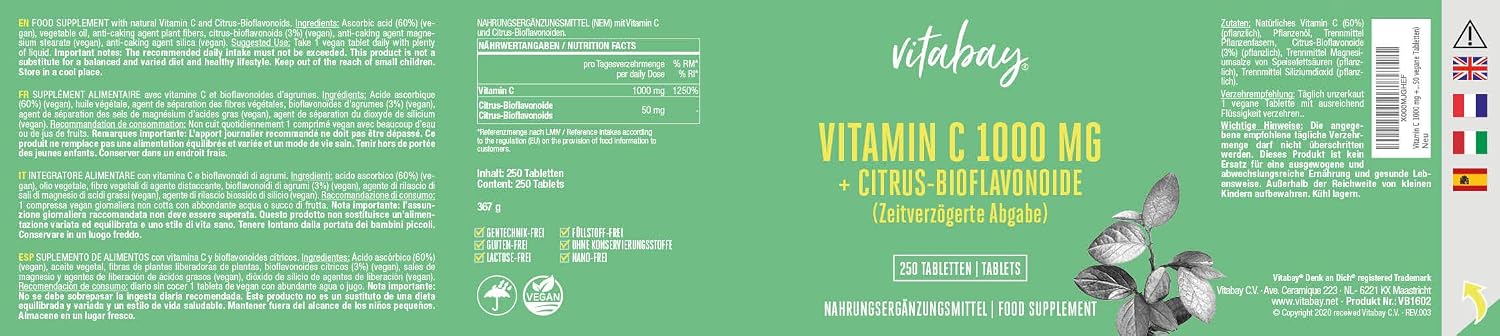 Vitabay Vitamin C 1000mg, 250 Vegan Time Release Tablets, Buffered Vitamin C with 50mg Citrus Flavonoids - Image 3