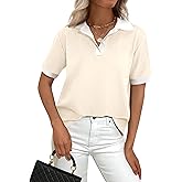PRETTYGARDEN Summer Short Sleeve Polo Shirts for Women Collared V Neck Work Dressy Tops Knit Loose Business Casual Outfits(Beige,Medium)