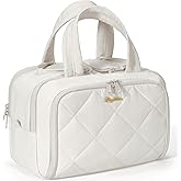 Travel Toiletry Bag, Large Wide-open Puffy Toiletry Bag for Women, Lightweight Quilted Makeup Bag Cosmetic Organizer with Handle Water-resistant Travel Essentials for Toiletries Accessories Beige