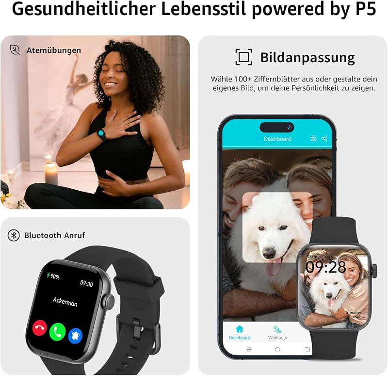 Smartwatch Damen Herren, 1,85" HD Touch Fitnessuhr mit Telefonfunktion, 140+Sportmodi Smart Watch Fitness Tracker mit Pulsmesser Schlafmonitor Schrittzähler,IP68 Fitnessuhr für iOS Schwarz