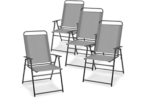Giantex Patio Chairs Set of 4, Outdoor Folding Chairs with Armrests, Metal Frame, Outside Foldable Dining Chairs for Lawn Deck Porch Beach Yard (Gray & Black)