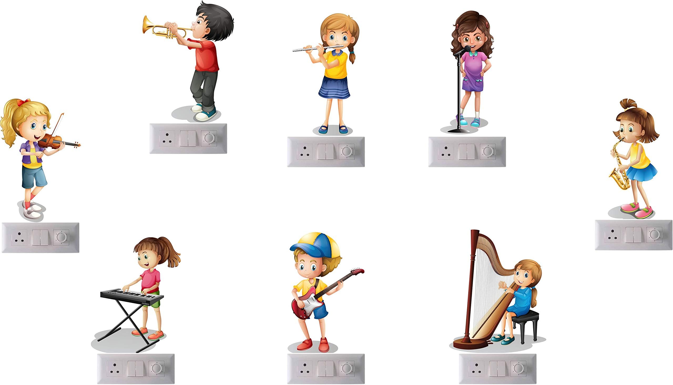 Happy Walls Cartoon Characters with Music Instruments Switch Board Sticker, Wall Art, Fridge Sticker,Stiker Light Switch Stickers for Music Lover (Set of 8)