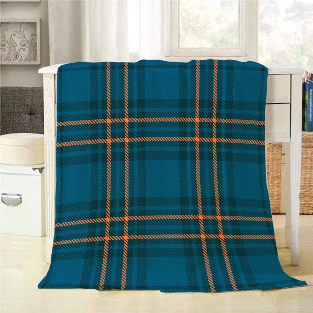 Mugod Plaid Throw Blanket Teal Blue and Orange Plaid Check