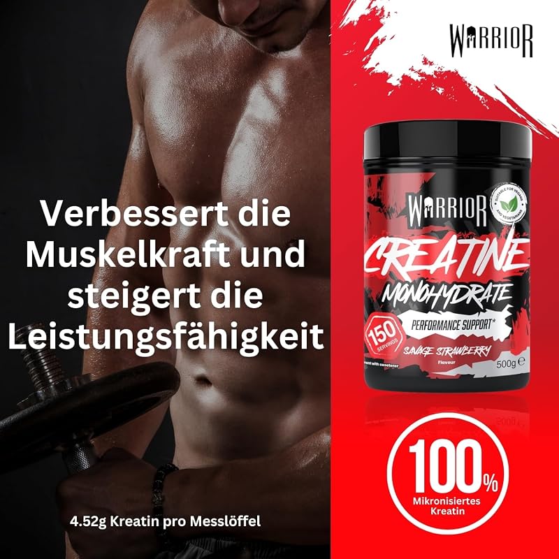 Creatin Monohydrat Pulver 500 g, Kreatin Vegan – Wilde Erdbeer 3 g pro Portion, 150 Portionen, mikronisiert, angenehmer Geschmack, laborgeprüft, für Kraft, Muskelaufbau & Ausdauer