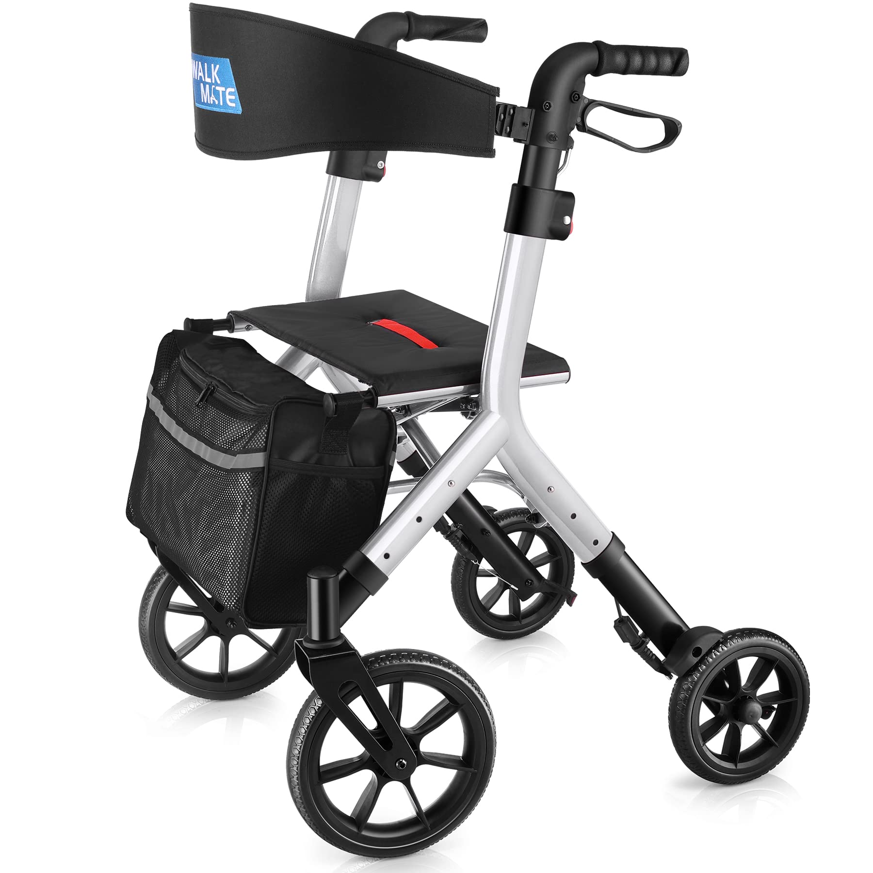 Rollator Walker for Seniors Taller 5.3~7ft with Height-Adjustable Seat, 10 Inch Wheels Wire-Hidden Walkers Compact Folding Design Lightweight Mobility Walking Aid Widen Backrest, Silver