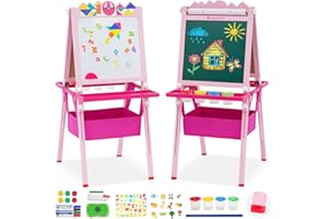 EAPURA Kids Easel Wooden Kids Art Easel Double-Sided Standing Easel for Kids Height Adjustable Preschool Art Easel with Paper Roll、Storage Box, Watercolor Pen，for 2-15 Years Old (Pink)