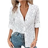 GORGLITTER Women's Boho Peasant Tops Floral Embroidered Long Sleeve Linen Shirts Button Down Collared Blouses Dressy Casual