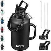 BJPKPK Half Gallon Insulated Water Bottles with Straw Lid & Side Handle, 64oz Large, Stainless Steel Water Bottles with 3 Lids and Paracord Strap, Metal Water Jug,Black