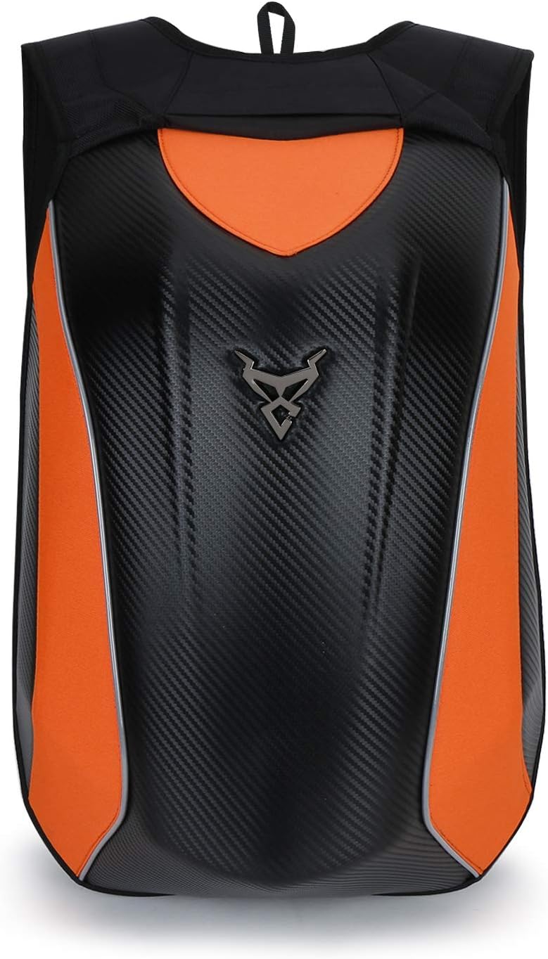 AUTOBIRD Men's and Women's Motorcycle Hard Shell"Carbon Fiber" Air Flow Track Riding Drag Backpack with Bag Rain Cover (Neon Orange)