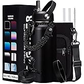 32-40-64OZ Stainless Steel Water Bottle - Black Water Bottle with Straw & Spout Lid, Paracord Handle & Bottle Sleeve, Insulated Vacuum Water Flask Double-Wall Metal Thermo Cup Canteen for Gym School