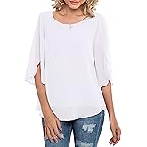 Neineiwu Womens Casual Scoop Neck Loose Top 3/4 Sleeve Chiffon Blouse Shirt Tops