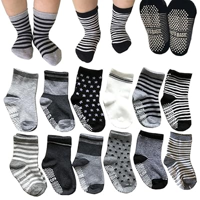 Kakalu 12 Pairs Non Skid Ankle Cotton Socks Baby Walker Boys Girls Toddler Anti Slip Stretch Knit Stripes Star Footsocks Sneakers Crew Socks With Grip For 16-36 Months Baby