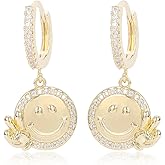 Cute Gold Smiley Face Huggie Hoop Earrings for Women 14K Gold Plated Dangle Smiley Earrings Small Drop CZ Smile Happy Face Hoop Earrings Statement Earrings Trendy Preppy Jewelry Gifts