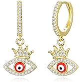 Evil Eye Earrings 14K Gold Crown Delicate Crystal Devil's Eye Huggie Drop Earrings, Fashion Christmas Jewelry Gift for Her Evil Eye Jewelry Gifts for women