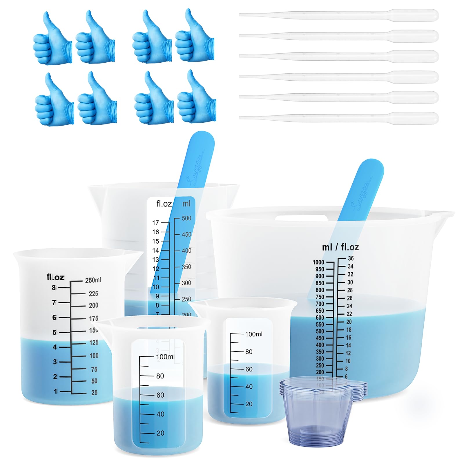 Silicone Measuring Cups for Resin,Clearly 2 Scales 1000ml,250ml,500ml,100ml Resin Measuring Cups, Silicone Stir Sticks, Reusable & Easy Clean Supplies for Mixing,Molds