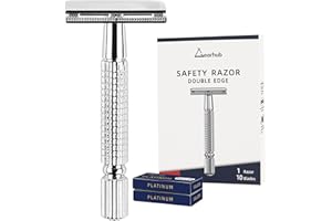 Gearhub Double Edge Safety Razor Reusable Stainless Metal Wet Shaving Razor with 10 Swedish Platinum Blades for Men Women Barber Bikini Armpit Hair, Silver GR131