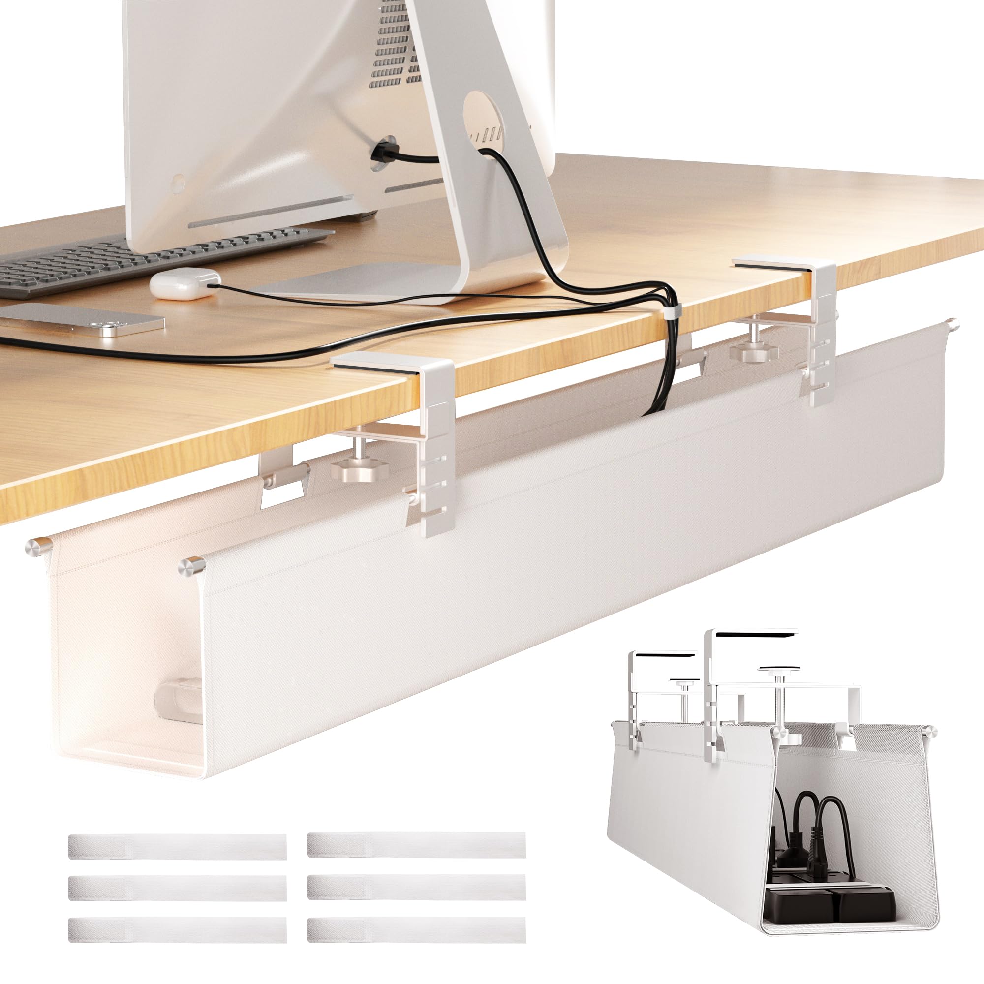 Photo 1 of [Upgraded] Large Under Desk Cable Management Tray, Cinati Cable Management Under Desk No Drill, 28.4" Fabric Cord Hider for Wire Organizer, Cord Organizer for Office, Home - Supports Up to 30lbs White