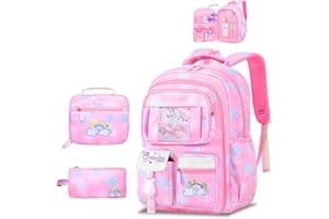 Schxuw 3Pcs Backpacks for Girls, Cute Rainbow School Backpack with Lunch Bag Pen Bag Set, Multi-Pockets Kids Backpack for Elementary Preschool Toddler(Pink)