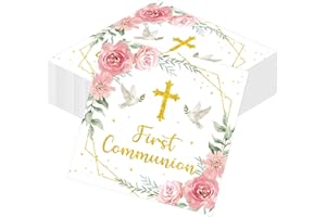 Rakuto First Communion Party Decorations, 50PCS First Holy 1st Communion Disposable Paper Napkins Table Decoration, Pink Bapt