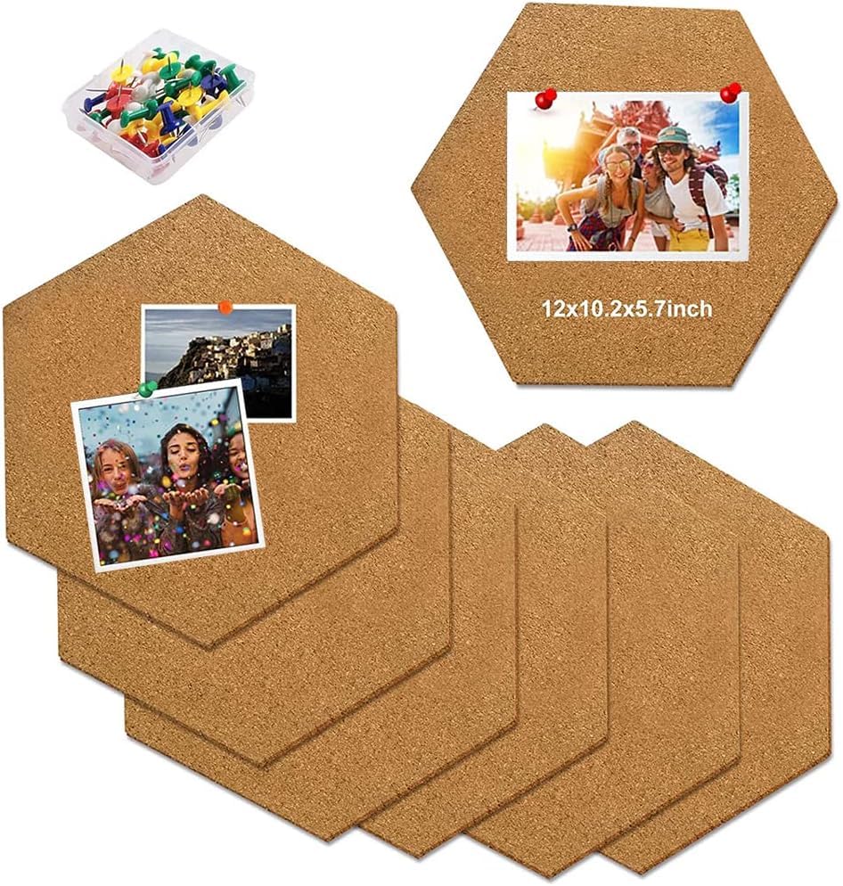 KBNIAN 8 Pack Cork Boards, Hexagonal Bulletin Boards Decorative Display Boards Self Adhesive Cork Boards with 50 Push Pins for Home Office Decor, Cork Sheet, School Message Board