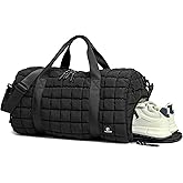 FODOKO Quilted Duffel Bag for Women, Puffer Gym Duffle with Shoe Compartment, Lightweight Large Crossbody Sport Bag Travel Tote, Black