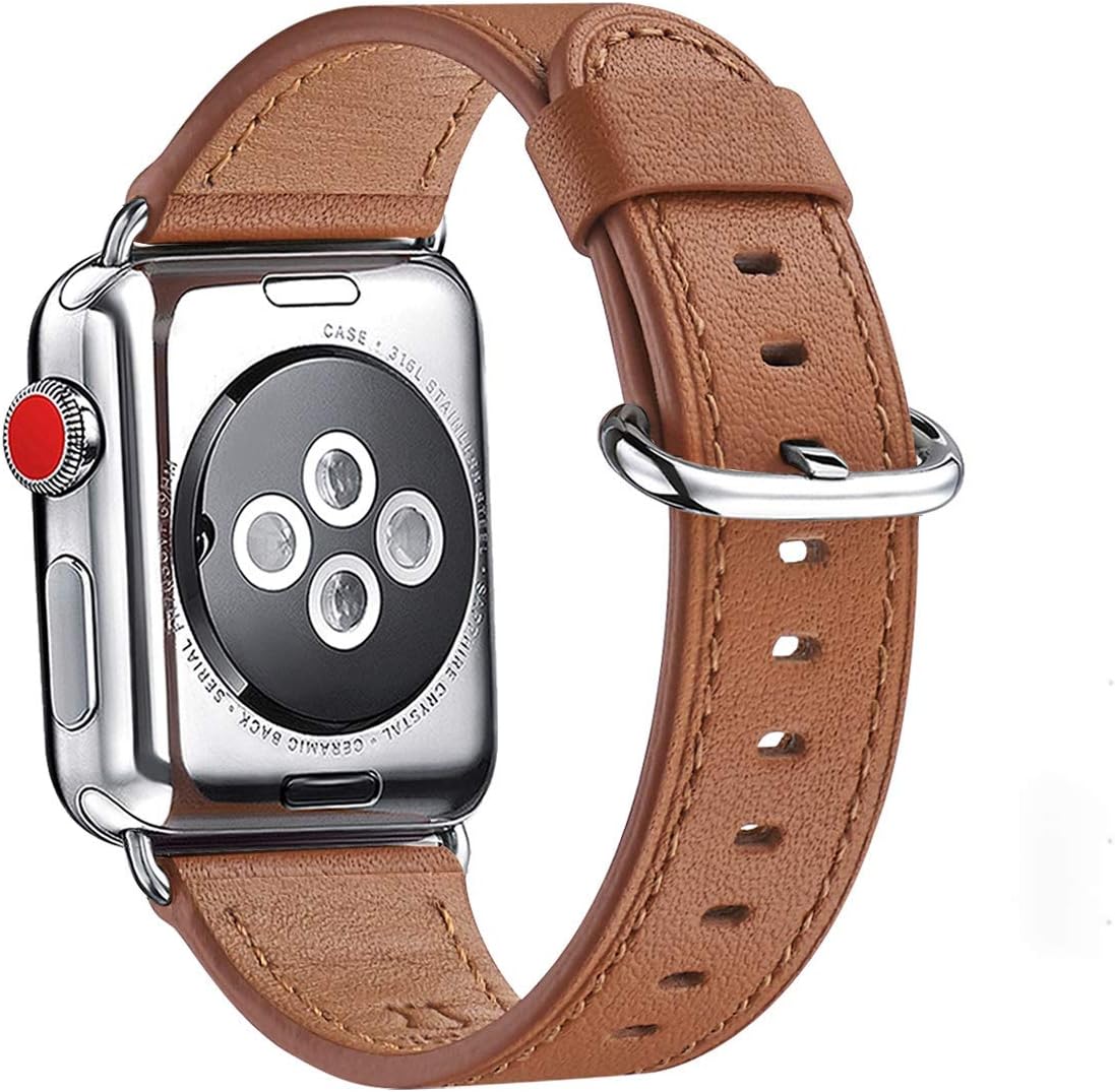 WFEAGL Strap Compatible for Watch Strap 42mm 44mm,Many Colours of Leather Band Replacement Strap Compatible with Watch Series 5/4/3/2/1(42mm 44mm,Brown Band+Silver Adapter)