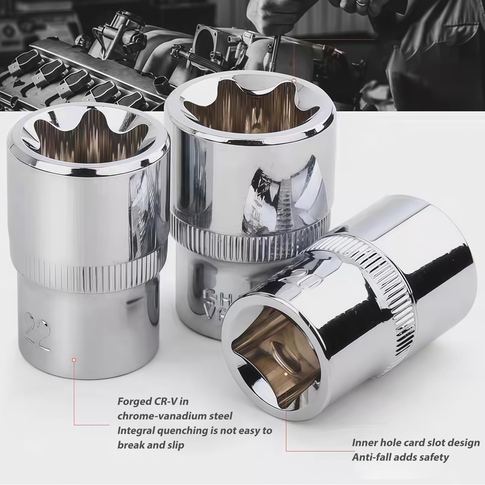 LEKEFETO 14-Teiliges Außen Torx Steckschlüssel Set 1/2'', 1/4'', 3/8'', Torx E Nüsse E4-E24 aus CR-V, Schraubenausdreher Satz, Muttern Entferner Set, Spiral-Profil-Steckschlüssel-Satz Bolzen Extraktor 3