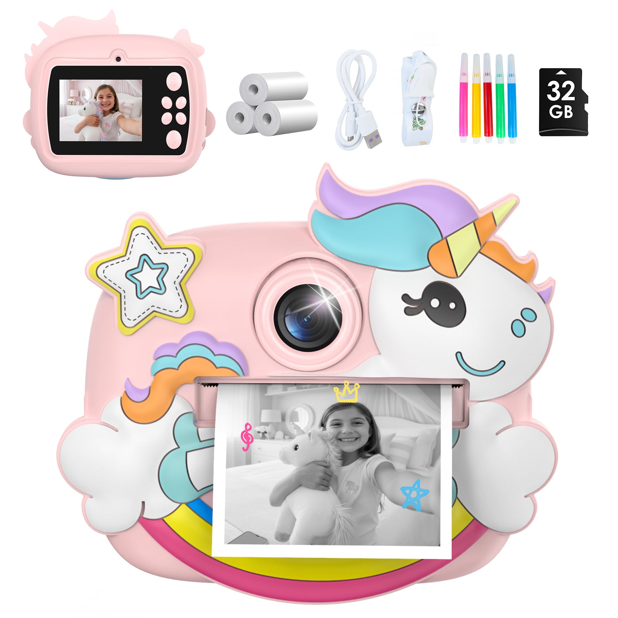 Kids Instant Print Camera,1080P Video Instant Camera for Kids with 32GB SD Card, Toy Camera Christmas Birthday Gift for Girls Boys Age 3 4 5 6 7 8 9 10, Christmas Stocking Stuffers,Pink Image