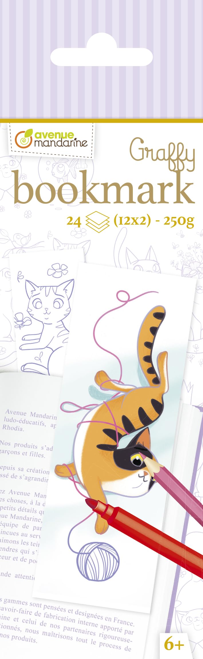 Avenue Mandarine - Ref GY100C - Graffy Bookmark Colouring Pad - Cat Designs - Spiralbound Notebook, 14.5cm x 6cm, 24 Bookmarks to Colour, 12 Designs, 250gsm Paper, Black/White