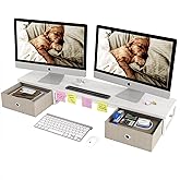 Mexin Dual Monitor Stand Riser with 2 Drawers, 39 Inch Extra Long Wood Desk Organizer, Desktop Riser for Laptop, Printer, Com