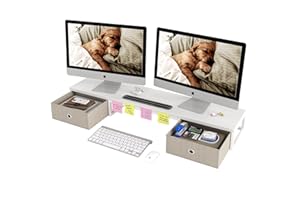 Mexin Dual Monitor Stand Riser with 2 Drawers, 39 Inch Extra Long Wood Desk Organizer, Desktop Riser for Laptop, Printer, Com