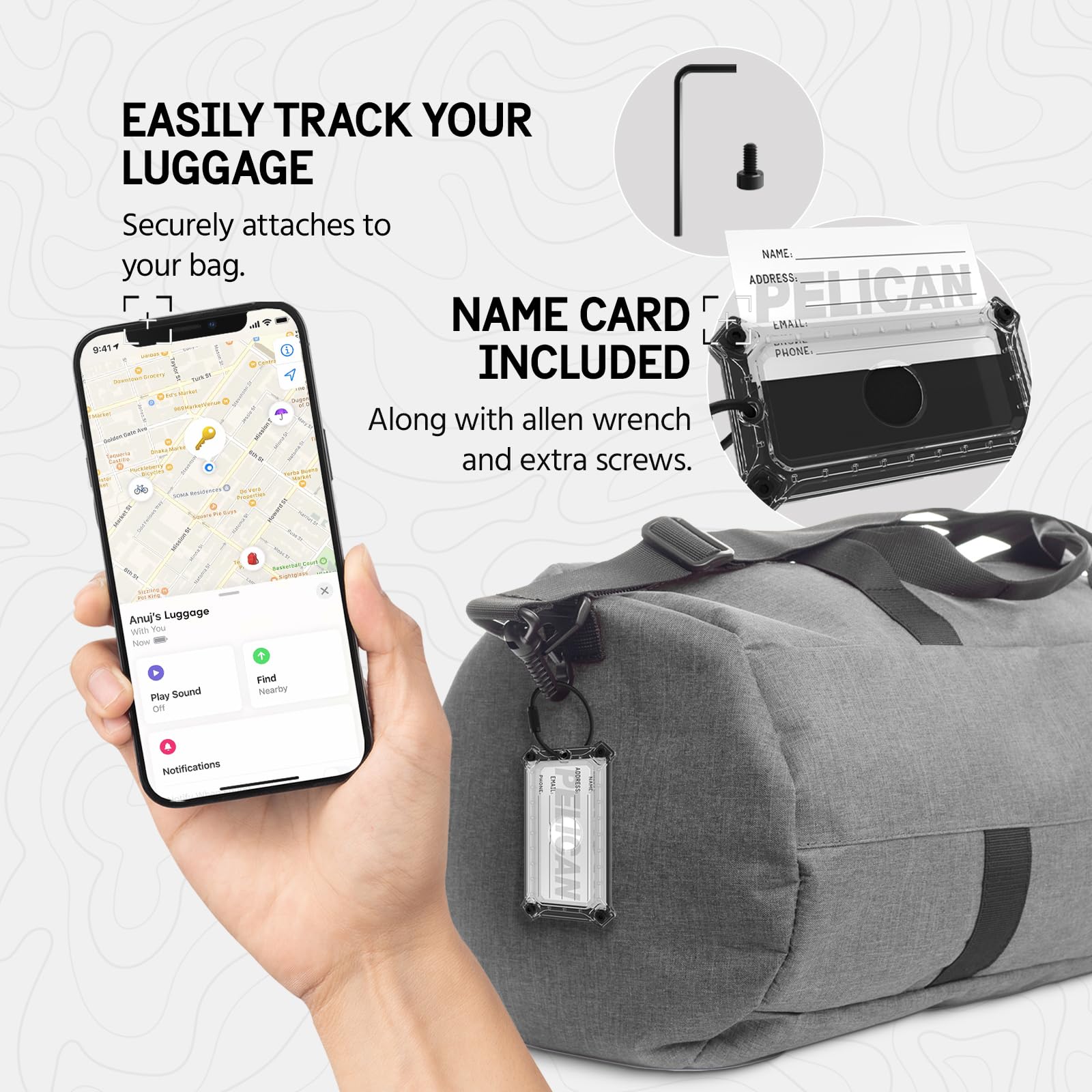 Pelican Luggage Tag, Holder for Apple AirTag - Scratch Resistant and Steel Plate Reinforced Luggage Rugged Case with Name Tag - Stainless Steel Loop with Airtag Case for Travel - Black