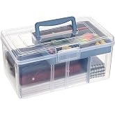 BTSKY 2 Layer Clear Plastic Dividing Storage Box with Removable Tray Multipurpose Stationery Storage Box with Handle Portable Sewing Box Art Craft Supply Organizer Home Utility Box (Big Blue)