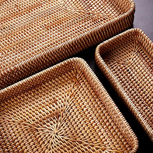 Set of 3 Handmade Rattan Rectangle Serving Tray Wicker Serving