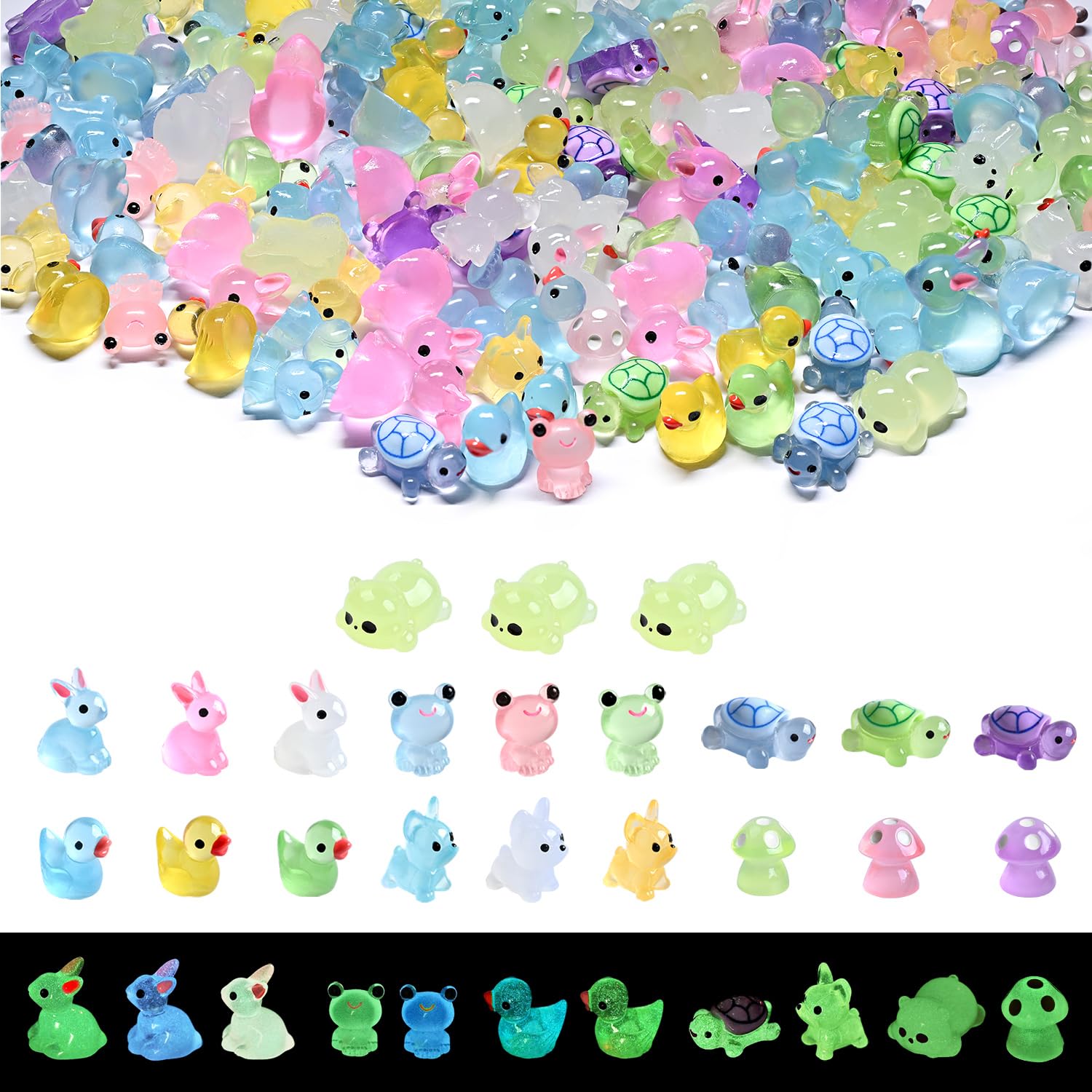 Photo 1 of 190 Pcs Tiny Mini Resin Animals Luminous Miniature Animals Small Figurines Hide Cute Duck Turtle Rabbit Dog Glow in Dark Dollhouse Decor Garden Micro Landscape Accessories