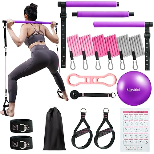 kisnbld Pilates Bar Kit with Resistance Bands, Multifunctional Pilates Bar with 3 Set Exercise Resistance Bands, Portable Pilates Equipment for Women Home Gym Yoga Workouts
