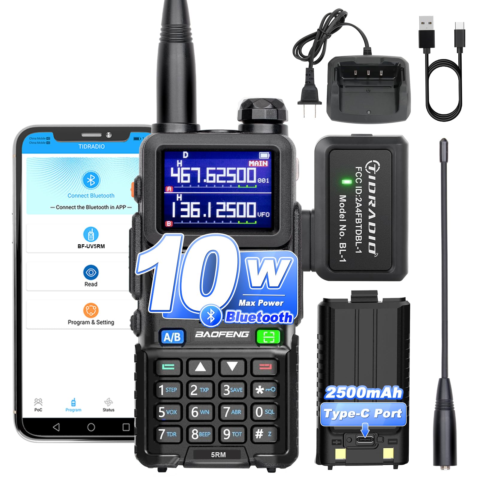 Photo 1 of BAOFENG 5RM 10W Long Range Ham Radio with TIDRADIO Portable Wireless Programmer Upgraded UV-5R Handheld 8 Bands&NOAA Weather Receiver, Frequency Copy,2500mAh TypeC Battery