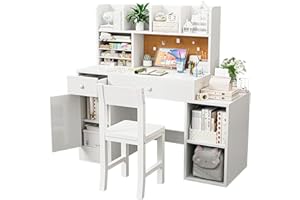 RUPOLX Wooden White Kids Study Desk and Chair Set, 2 Drawers and 4 Storage Cabinets, Children Desk with Hutch and Shelves, Girls Study Desk for Kids Bedroom