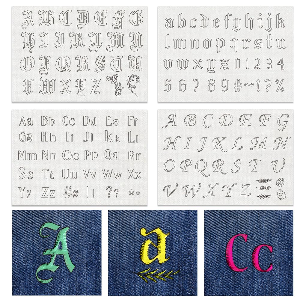 BENECREAT 4 Sheets 130PCS A-Z Alphabet Water Soluble Hand Sewing Stabilizers, Gothic Letter Tear Away Embroidery Stabilizers for Embroidery, Carves, Shirts, Coats, Bags, Towels