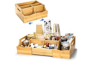 WRINGKIT Extendable Coffee Station Organizer for Countertop, Bamboo Bar Condiment Organizer, 7 Compartment Tea Bag Storage fo