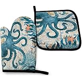 Abucaky Blue Octopus Nautical Map Oven Mitts and Pot Holders Insulated Gloves & Kitchen Counter Safe Mats for Cooking BBQ Baking Grilling (2-Piece Set)