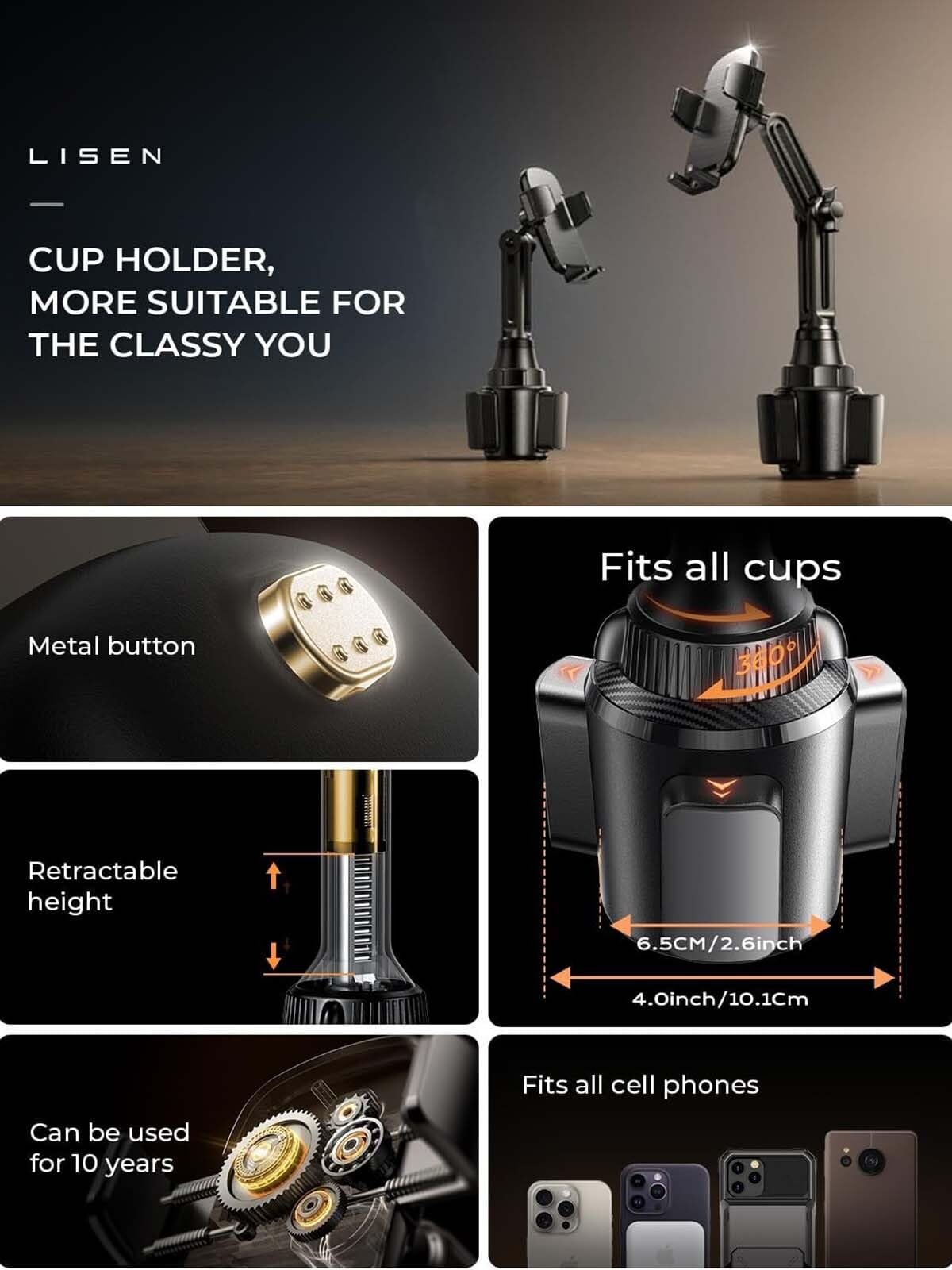 LISEN Upgraded Version Cup Phone Holder for Car 360° Adjustable Long Neck Car Phone Mount Golf Cart Phone Holder, Truck Jeep Accessories for iPhone 17 Air Pro Max Samsung Google and All 4-7'' Phone