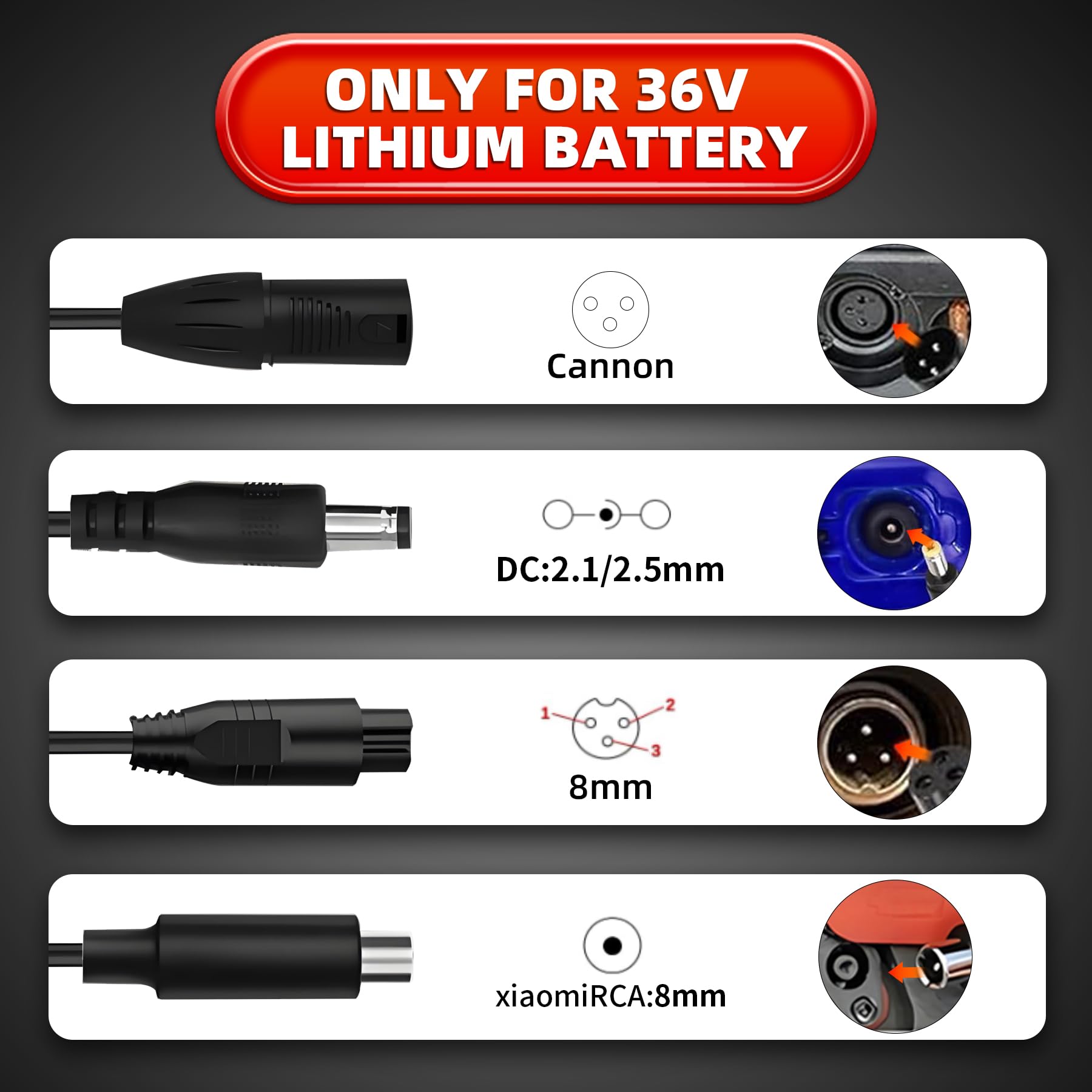 UL Listed 42V 2A Replacement Electric Scooter Charger for 36V Hoverboard Charger with 5 Plugs, Compatible with GOTRAX/ninebot/Jetson/Voyage Scooter Power Adapter