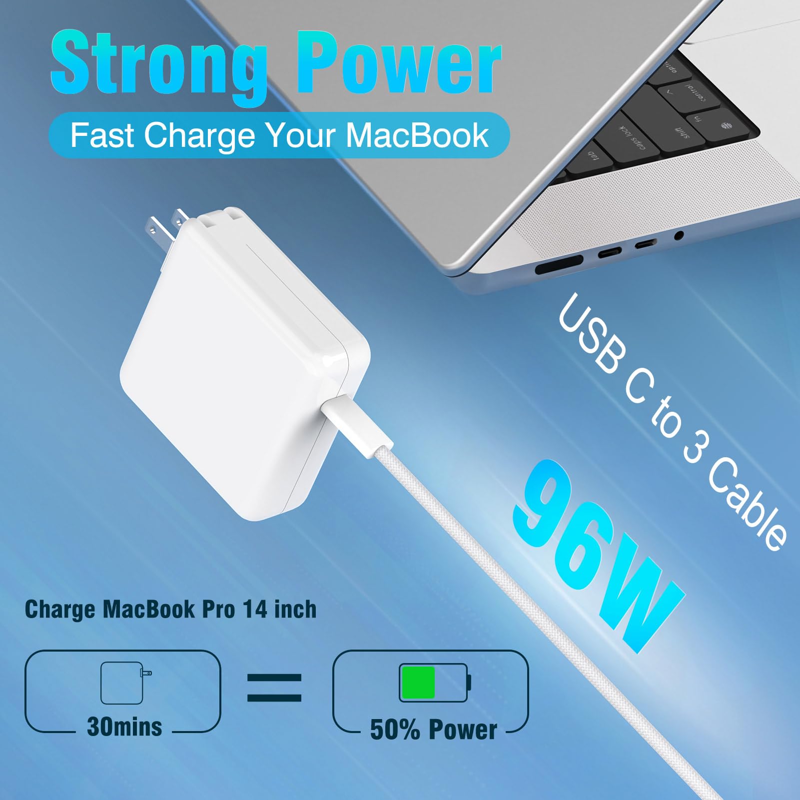Charger for MacBook Pro 14 16 inch MacBook Air 13 15 inch 2025 2024 2023 2022 2021 M4 M3 M2 M1, 96W / 70W USB C Power Adapter, 6.6FT USB C to 3 Braided Cable LED, Powerful Connect, Original Quality