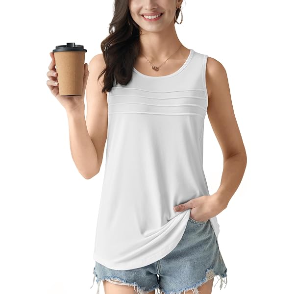 Vrtige Women's Summer Tank Top - V Neck Sleeveless Pleated Blouse, Loose Fit